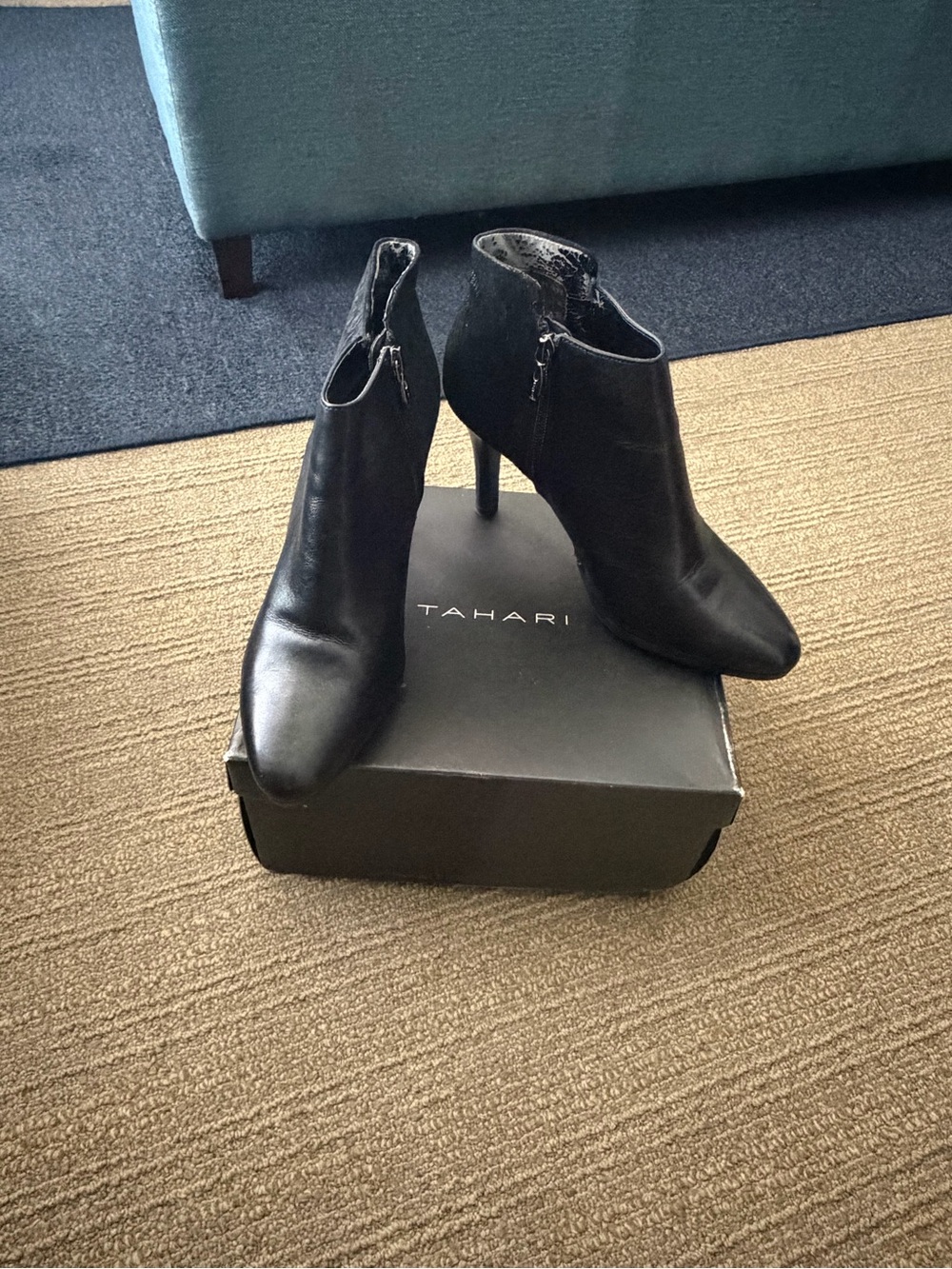 Tahari Black Pointed Leather Ankle Booties with Side Zipper